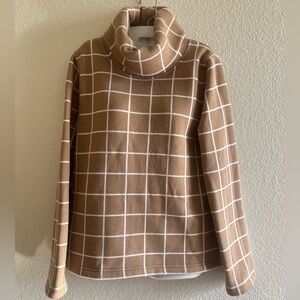 J.Crew Grid Print Turtleneck Pullover Sweatshirt Fleece Tan White M